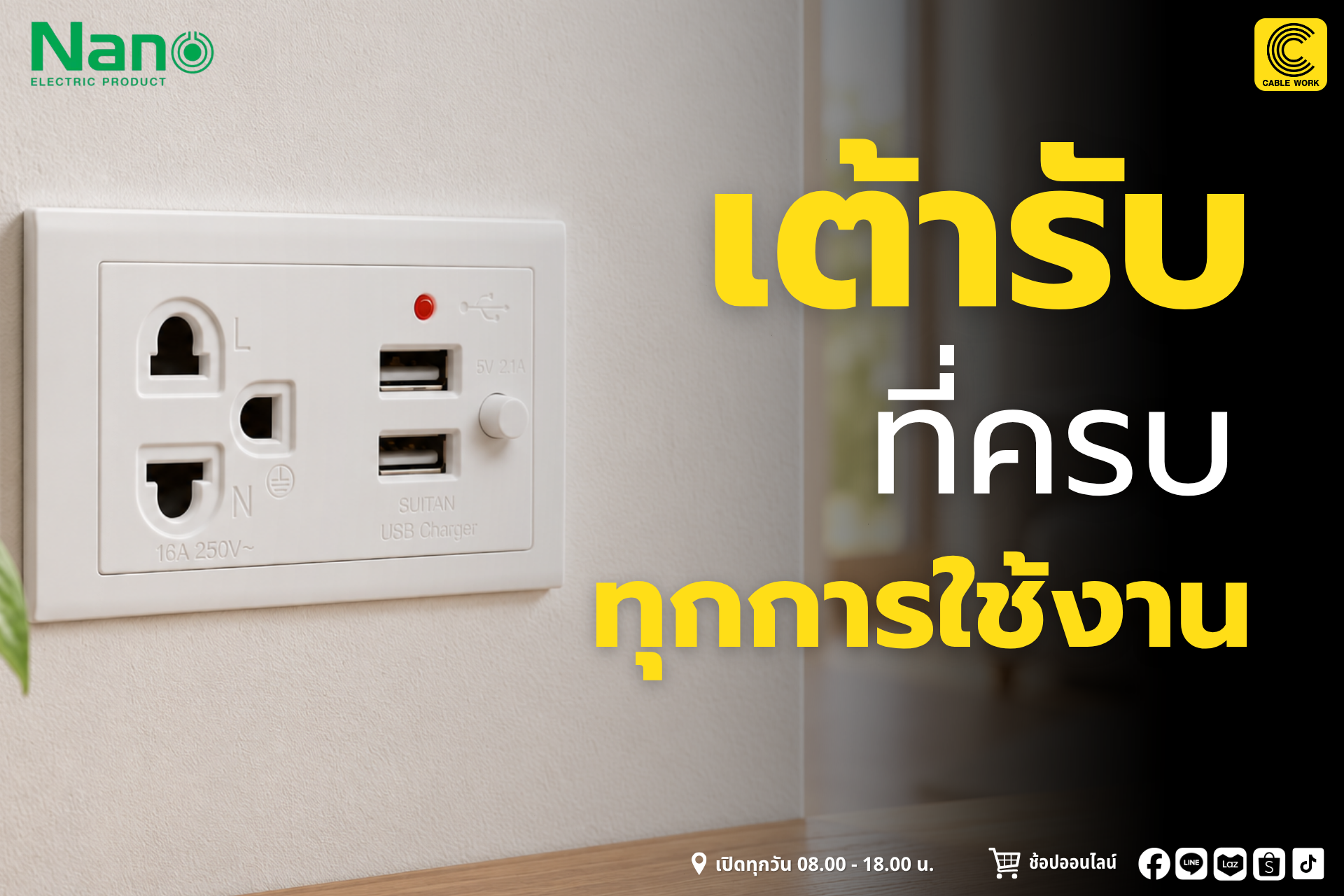 Nano เต้ารับเดี่ยวมีกราวด์ USB 2 ช่อง รุ่น NN-P603U