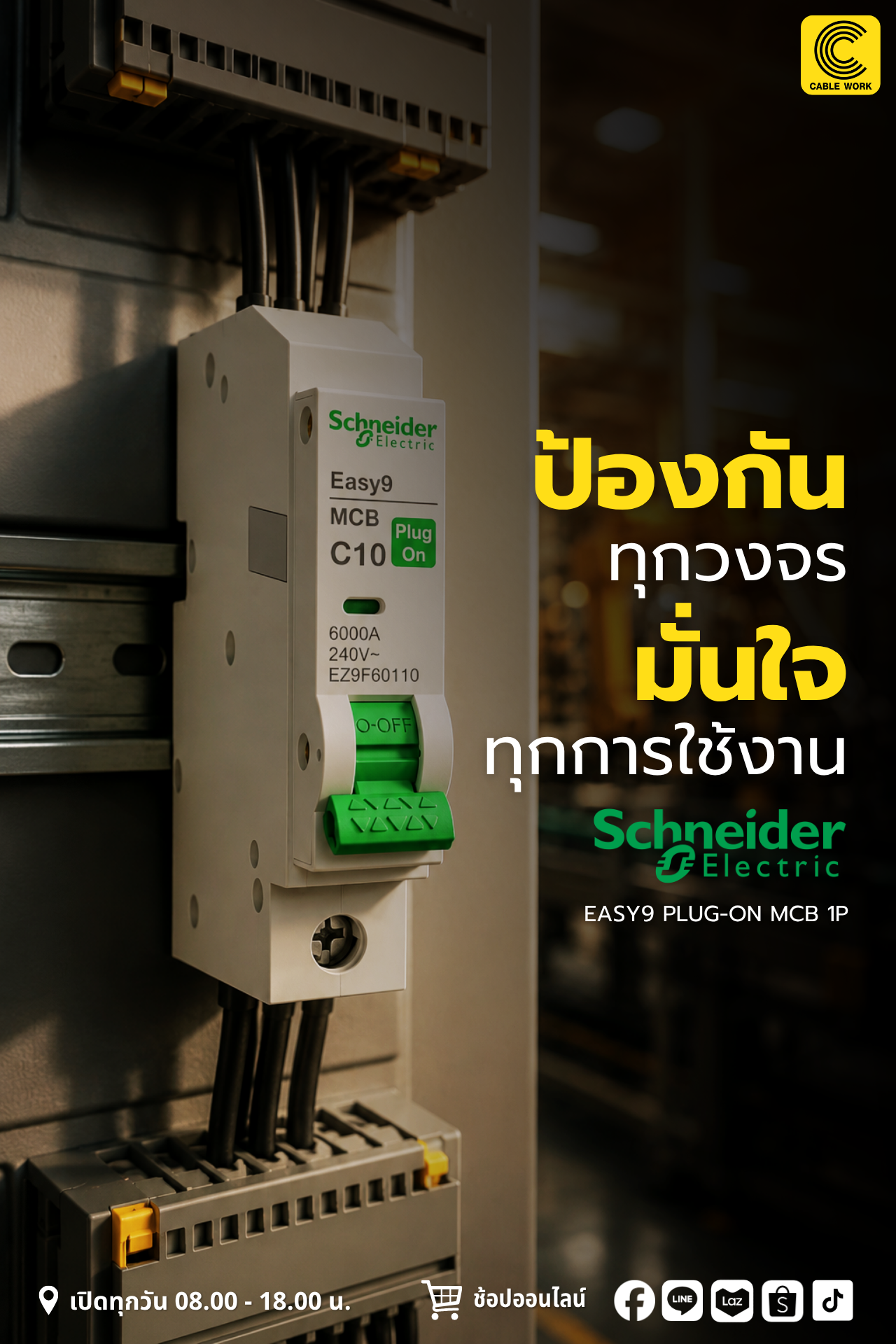 Schneider MCB ชนิด Plug-On 1p 10A (EZ9F60110) 16A (EZ9F60116) 20A (EZ9F60120) 32A (EZ9F60132)